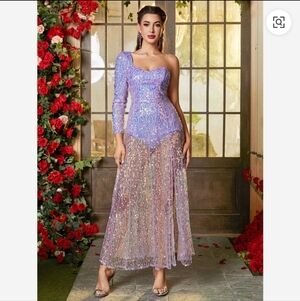 Double Crazy Women'S Pure Color Asymmetric Collar Sequined Patchwork Dress